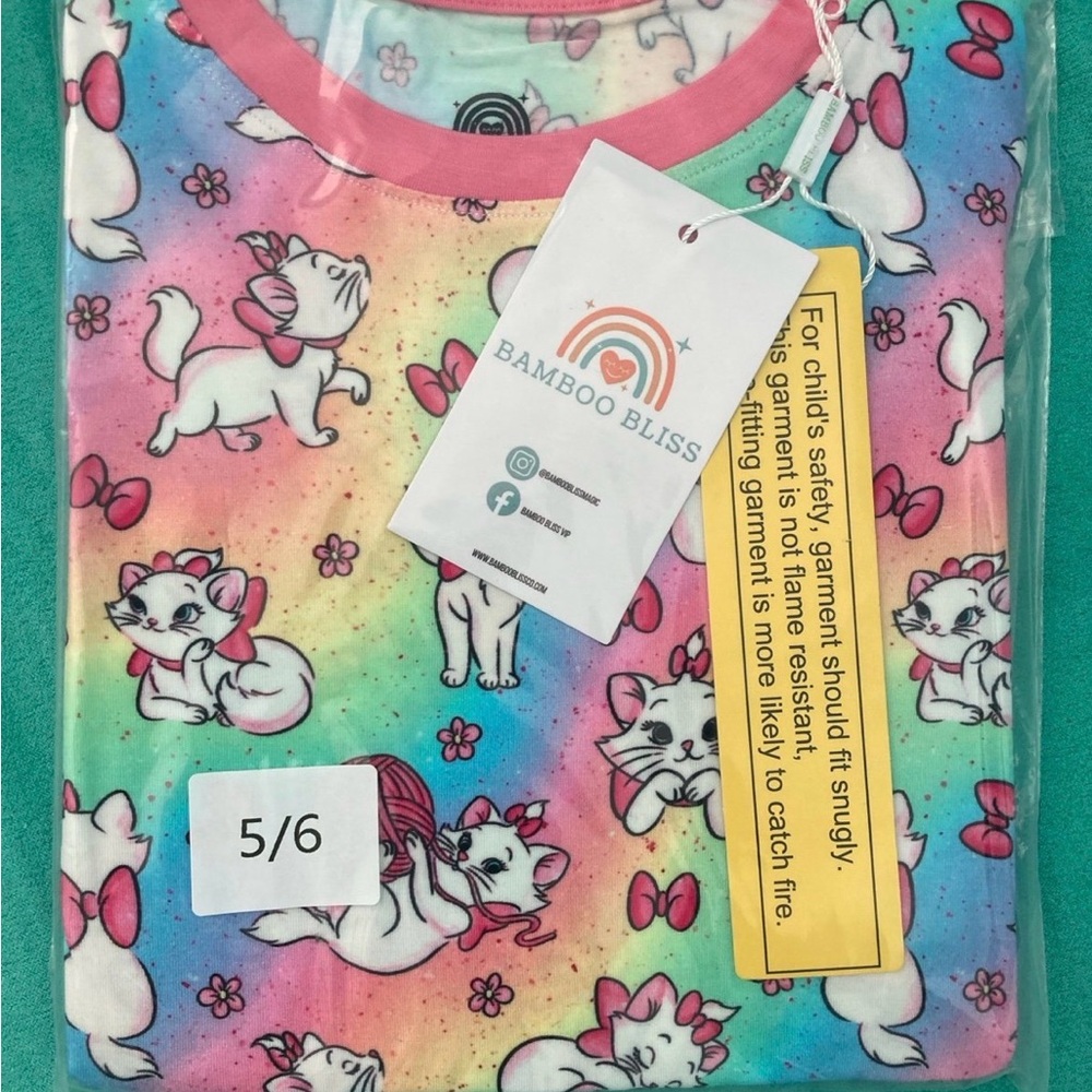 Bamboo Bliss Kids Rainbow Cat Pajama Top - Pink Trim (Size 5/6)
